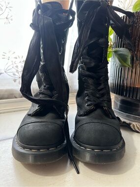 Dr. Martens Triumph 1914 Black Lace-Up Combat Boots Satin Laces & Floral Lining